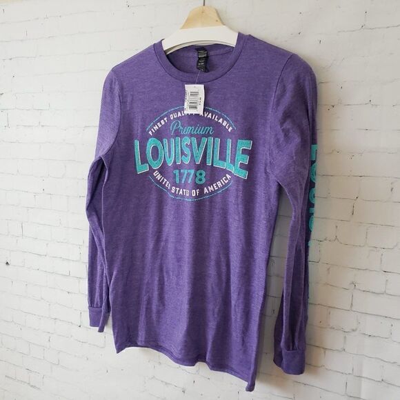 Louisville Tourist Baseball Tee Size Womens S Purple Logo Spell Out NEW - Picture 2 of 5